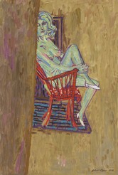 Modell in rotem Stuhl, 1974, Öl auf Leinwand, 120 x 80 cm