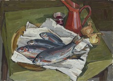 Stilleben mit Fischen, 1945, Öl auf Leinwand, 50 x 70 cm