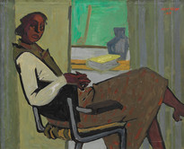 Albert Rüegg, Sitzende Frau II, 1953, Öl auf Leinwand, 80 x 100 cm