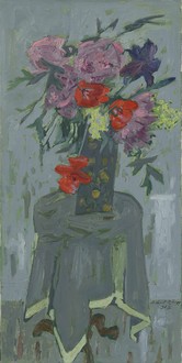 Albert Rüegg, Blumenstrauss auf rundem Tisch, 1963, Öl auf Leinwand, 120 x 60 cm