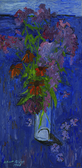 Sommerstrauss auf blauem Grund, 1968, Öl auf Leinwand, 80 x 40 cm