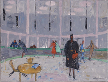 Albert Rüegg, «In der
Schalterhalle», 1967, Öl auf Leinwand, 60 × 80 cm