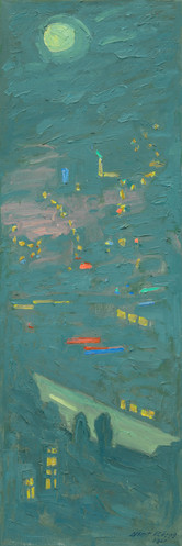 Albert Rüegg, Mondnacht über der Grosstadt, 1961, Öl auf Leinwand, 118 x 40 cm