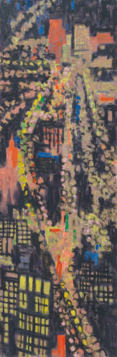 Albert Rüegg, Empire State Building (Blick auf Manhattan), 1967/73, Öl auf Leinwand, 120 x 40 cm