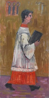 Albert Rüegg, Ministrant, 1975, Öl auf Leinwand, 120 x 60 cm