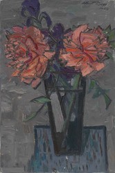 Albert Rüegg, Blumen - Pfingstrosen I auf grauem Tisch, 1964, Öl auf Leinwand, 60 x 40 cm