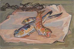 Albert Rüegg, Fische, 1950, Öl auf Leinwand, 40 x 60 cm